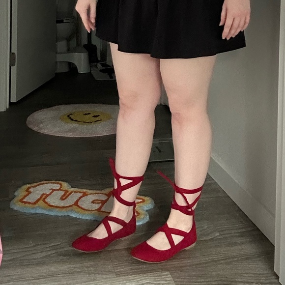 Red Brash Tie Up Flats - Picture 1 of 7